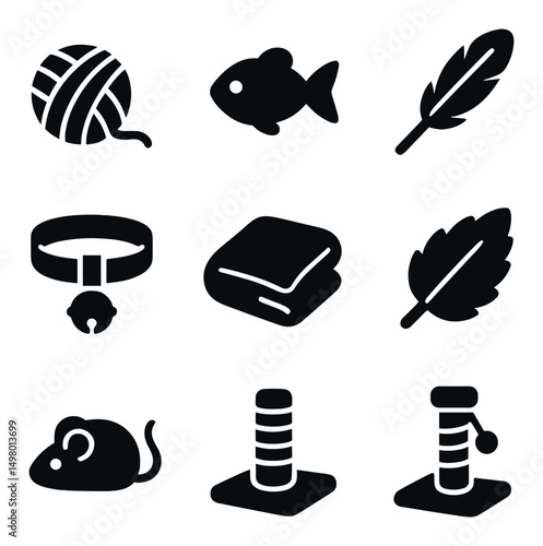 Pet care silhouette icons set. animal and grooming symbols