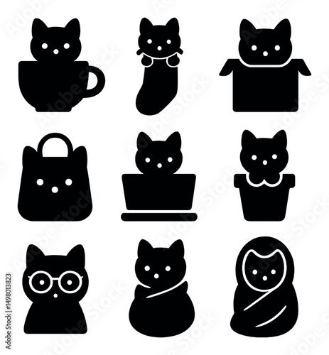 Cat silhouette icons set for pet lovers. feline symbols and cute kitten designs