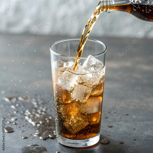 A refreshing vertical shot of soda being poured into a glass filled with ice, capturing the fizz, bubbles