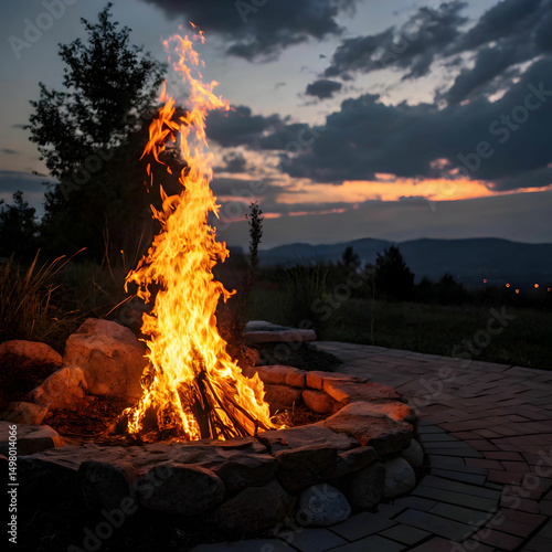 A striking vertical shot captures the intense beauty of burning flames against the night sky high lighting warmth, motion, and energy with vivid colors and dynamic light contrasts.