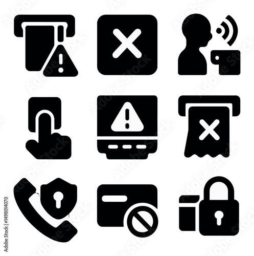 Security and privacy silhouette icons set. protection and warning signs