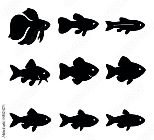 Aquatic fish silhouette icons set. marine and freshwater life symbols