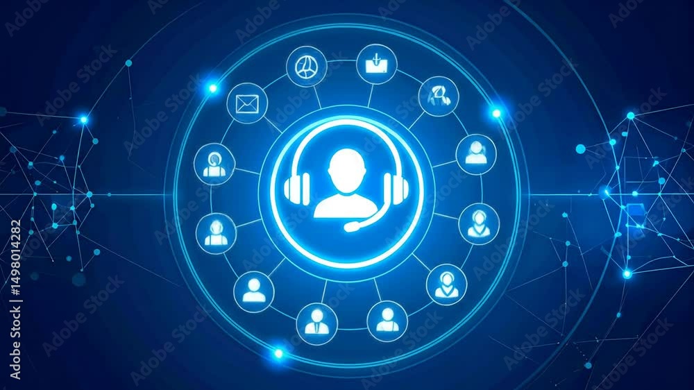 Digital connection network concept with operator and icons showing communication, help and global connection
