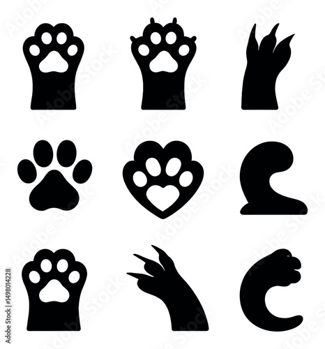 Animal paw silhouette icons set. pet tracks and wildlife symbols