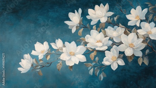 Whimsical magnolia blossoms on teal backdrop