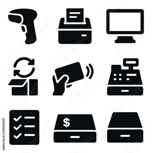 Retail and shopping silhouette icons set. store, sales, and commerce symbols