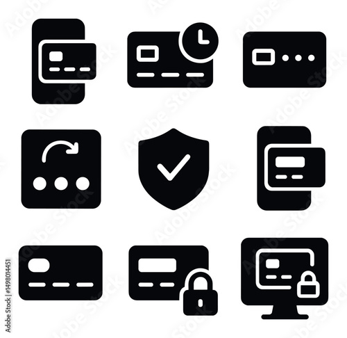 Finance and security silhouette icons set. banking and protection symbols