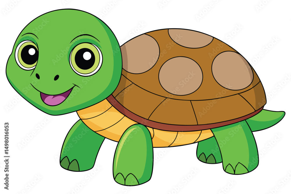 Obraz premium Cartoon Illustration of a Smiling Turtle with Green Skin and Brown Shell Pattern