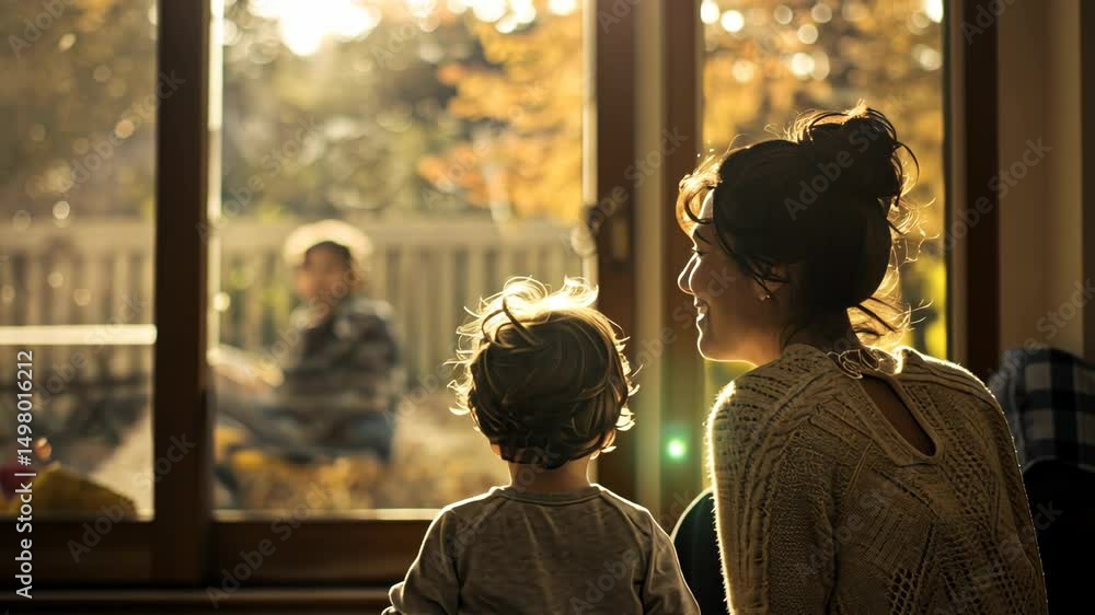 Mother and child looking out the window together. Selective focus Mother and child looking out the window together. Selective focus