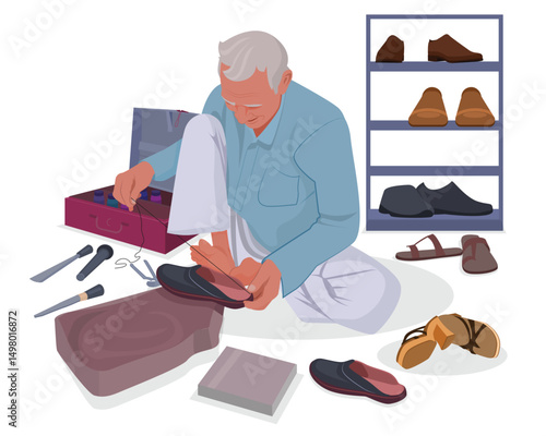 Traditional shoes and sandals maker. indian cobbler illustration