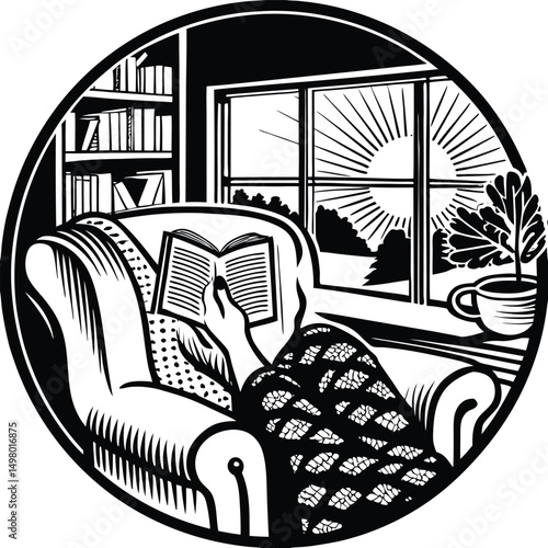 Cozy Corner: A peaceful scene of someone nestled in a comfortable armchair by a window, engrossed in a good book, capturing the essence of relaxation and tranquility.