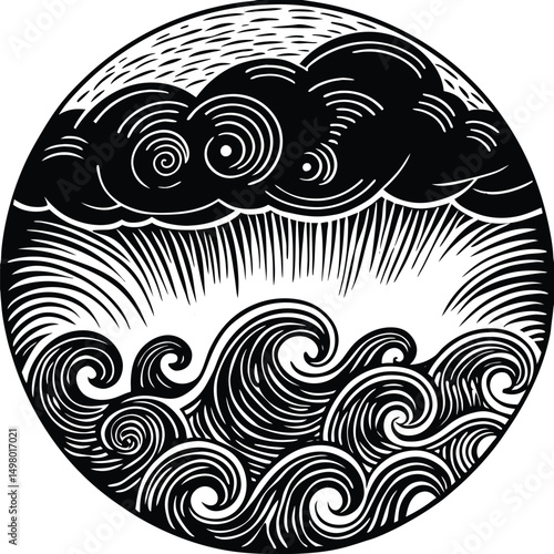 Tempestuous Ocean Illustration: A monochromatic illustration portrays a dramatic scene where ominous storm clouds unleash torrential rain onto a turbulent sea.