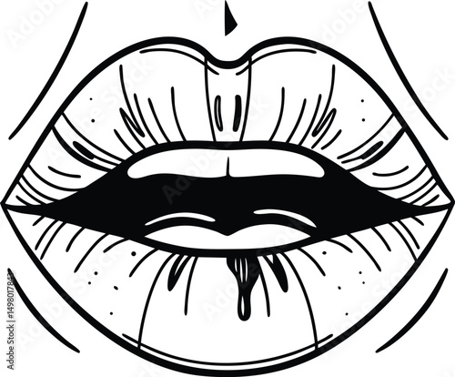 Sensuous Lips: A monochrome illustration captures the allure of a pair of expressive lips, a symbol of sensuality and allure, rendered in bold lines and shadows.