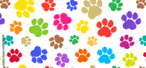 Paw print seamless pattern crayon, cat or dog foot color chalk bg, animal doodle sketch background. Pet step grunge texture. Bear, panda, tiger stamp foot track wallpaper. Cartoon vector illustration
