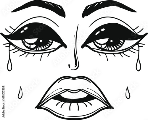Crying Face: A stylized illustration of a crying face, featuring expressive eyes, downturned mouth and falling tears. The detailed linework creates a dramatic and emotional visual.