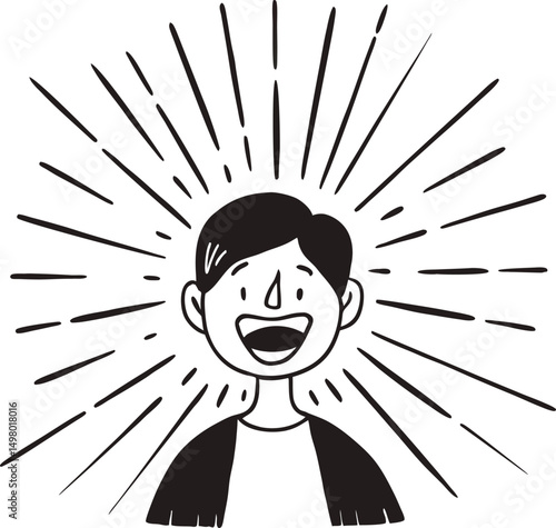 Joyful Revelation: A simplified line art of a cheerful person exuding positivity and joy. With radiant lines bursting forth, it embodies enthusiasm, happiness, and pure exhilaration. 