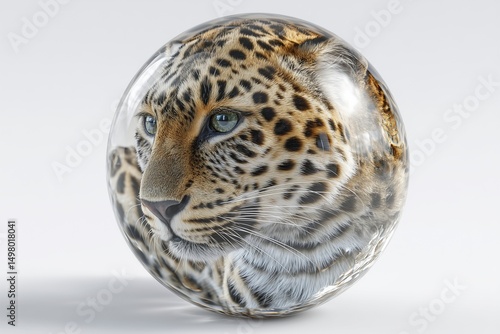 A clear glass ball with a realistic leopard inside on a plain white background, ultra detailed wildlife photography photo