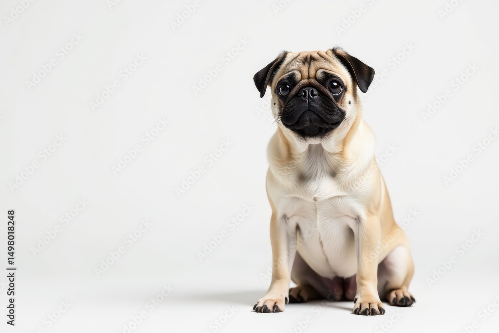 Adorable pug dog sits alone against white background, breed, background, animal Adorable pug dog sits alone against white background, breed, background, animal