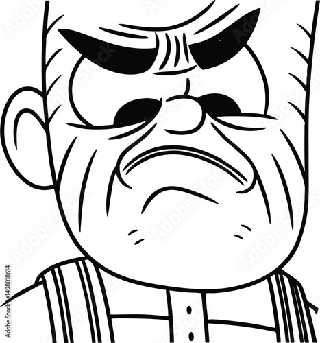 Grumpy Old Man Cartoon: An angry old man character with furrowed brow and pursed lips, his expression embodying frustration and discontent in detailed line drawing.