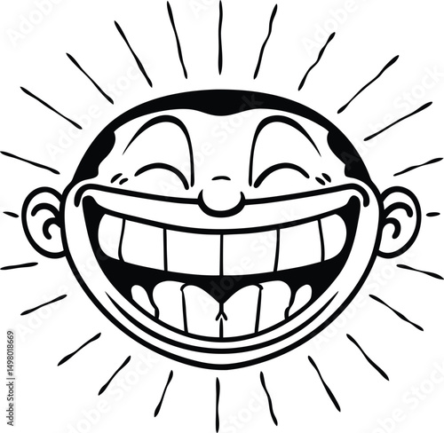 Cartoon Smile: A cheerful cartoon face bursts with happiness, beaming with closed eyes and a wide, toothy grin, radiating joy.