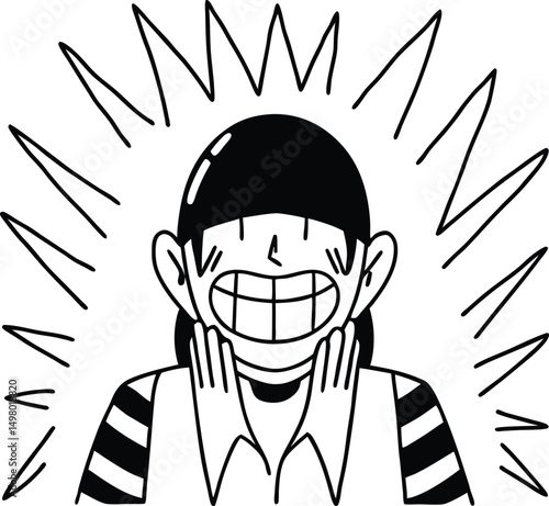 Overjoyed: A monochromatic depiction of pure joy emanates from this expressive individual. Outburst of positive emotion and contagious cheerfulness, personification of pure excitement.