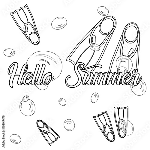 Coloring page outline drawing a scene of Hello Summer Underwater greeting card with Bubbles and Diving Fins. For entertaining kids, summertime, maritime, undersea, water activity, sports, DIY craft.