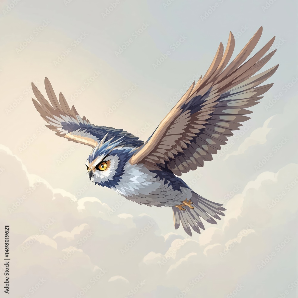 Fototapeta premium A bird with a yellow beak flying in the sky