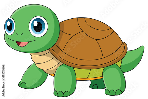 Smiling Cartoon Turtle with Brown Shell, Green Limbs and Big Blue Eyes