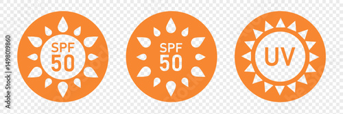 SPF 50 sun protecter and UV block factor. Skin care stickers. Vector illustration