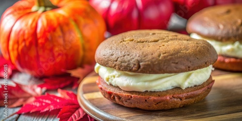 Pumpkin Spice Whoopie Pies with Cream Cheese Frosting on Rustic Wooden Board Surrounded by Autumn Leaves
