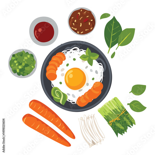 Bibimbap Bowl Green Garnish Ingredients - Vector Illustration