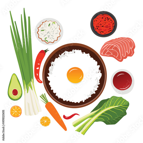 Fresh Bibimbap Bowl Assorted Ingredients - Vector Illustration