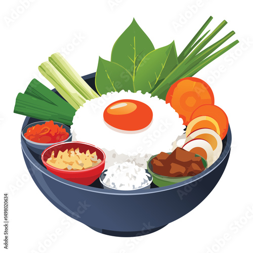Classic Bibimbap Bowl Mixed Toppings Ingredients - Vector Illustration