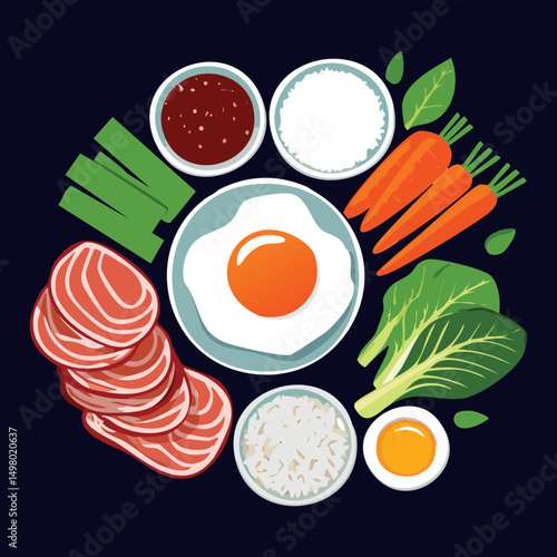 Vibrant Bibimbap Elements Delicious Ingredients - Vector Illustration