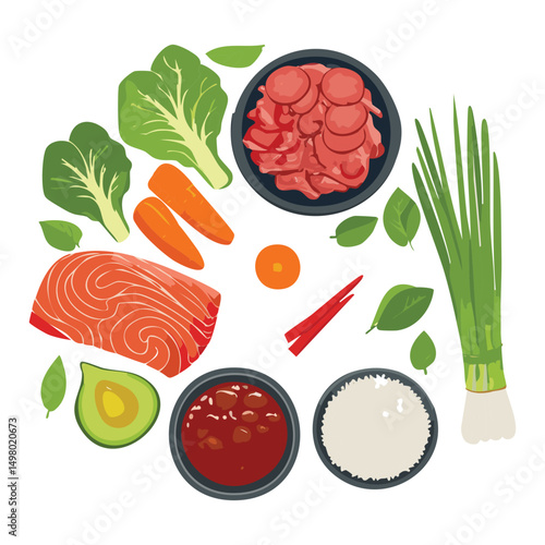 Nutritious Bibimbap Healthy Components - Vector Illustration