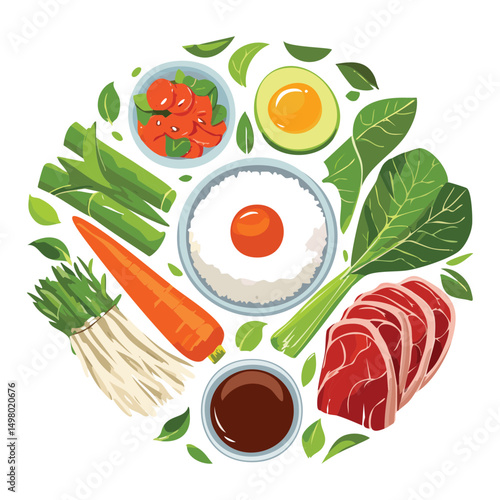 set of rice egg meat vegetables food ingredients - vector illustration