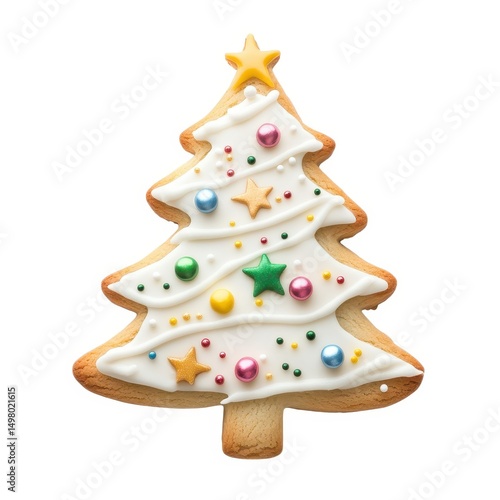 Festive christmas tree cookie decorated with white icing and colorful sprinkles isolated on white background
