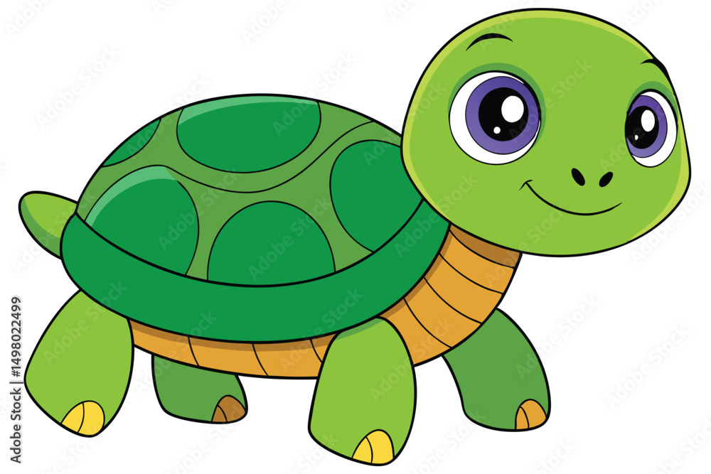 Fototapeta premium Cheerful Cartoon Turtle with Green Shell and Large Purple Eyes Illustration Art