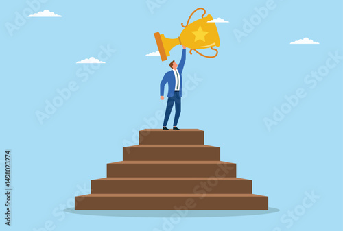Vector illustration of a determined businessman standing at the peak of success, holding a golden trophy as a symbol of effort and perseverance
