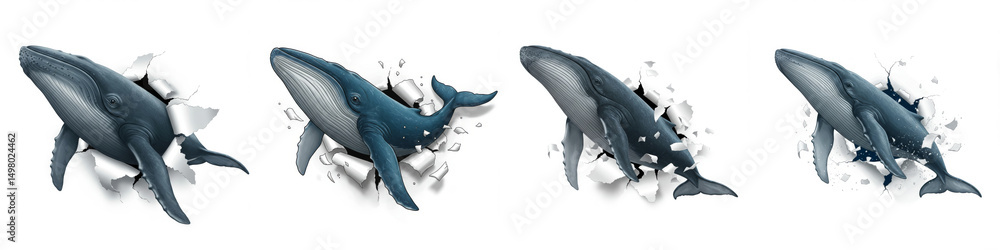 Fototapeta premium Whale Breaking Through Paper - A powerful symbolizing breakthrough, freedom, strength, ocean life, and unyielding power