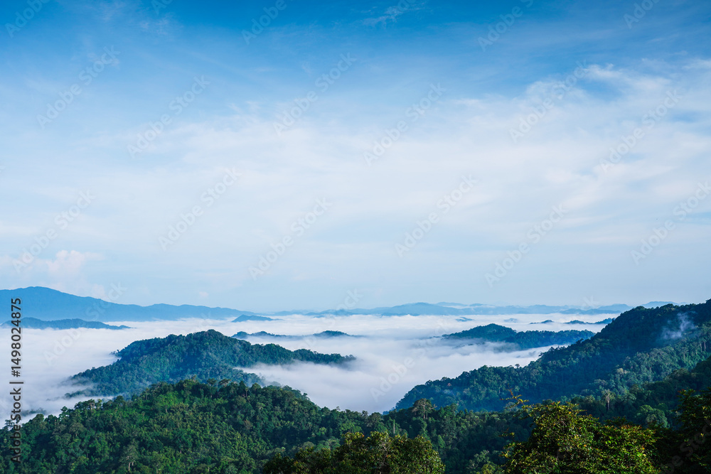 Fototapeta premium A scenic view of green mountain with fog, presenting a breathtaking scenery at Khao Phanoen Thung, Kaeng Krachan National Park, Phetchaburi Province,Thailand.