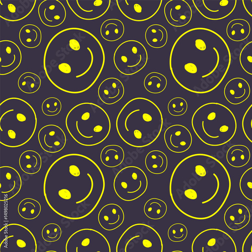 Seamless pattern of hand drawn yellow smiley faces on a dark background. Fun, playful design perfect for streetwear, posters, stickers, and pop style digital product