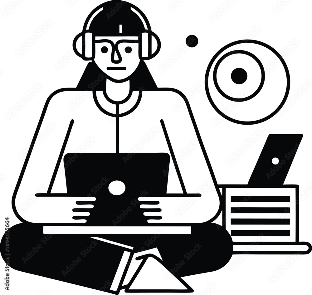 A stylized black and white illustration of a woman wearing headphones and sitting cross-legged on the floor, working on a laptop computer. A stylized black and white illustration of a woman wearing headphones and sitting cross-legged on the floor, working on a laptop computer.