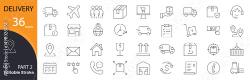 Delivery related icons set. Including shipping, courier, parcel, truck, logistics, tracking, express service and transport. Perfect for apps and web. Editable stroke. outline icons.