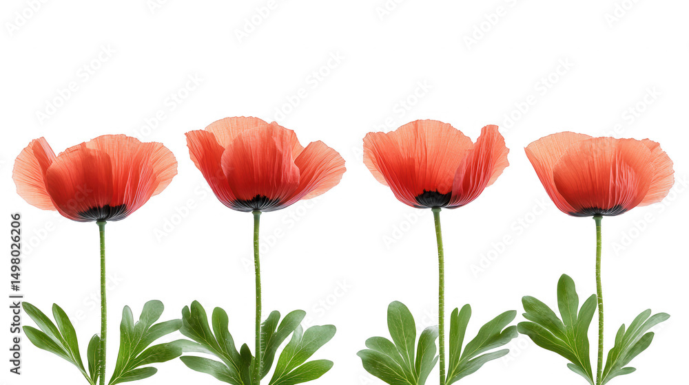 Naklejka premium Captivating four red poppies flowers on PNG transparent background