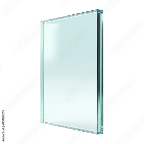 A piece of translucent glass, with sharp edges and a gentle blue-green tint, isolated. The glass is a perfect canvas for light and reflection.