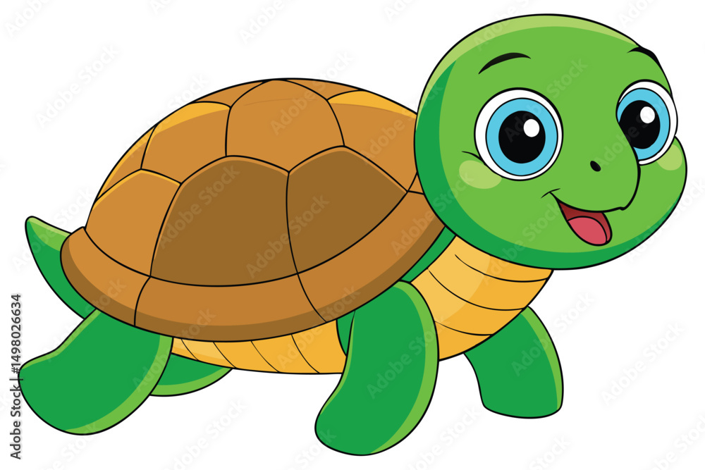 Obraz premium Cartoon Turtle with Brown Shell, Green Limbs, and Big Blue Eyes is Smiling