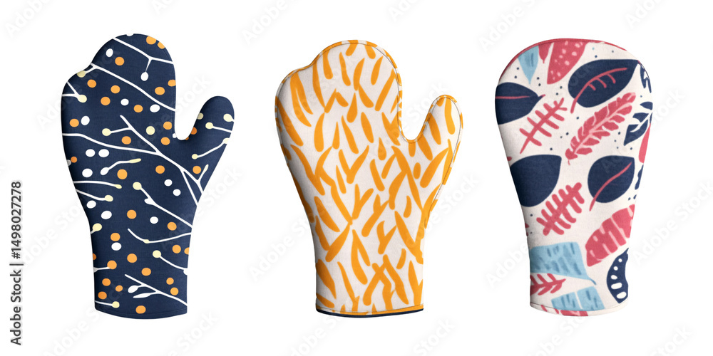 Fototapeta premium Three patterned oven mitts with floral and abstract designs for kitchen safety and cooking, isolated on a transparent background