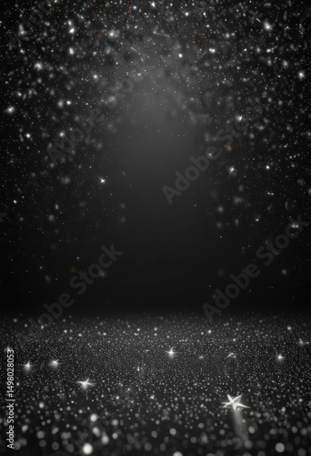 Silver glitter stars twinkle on black, festive backdrop, sparkly, glamour, shiny
