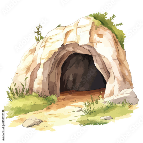 Colorful Watercolor Cave with Lush Surroundings